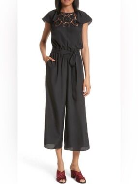 kate spade Black Cropped Wide-Leg Jumpsuit with embroidered yoke panel
